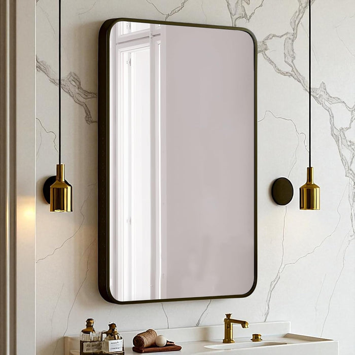 Rectangular Decorative Wall Mirror with Aluminum Metal Frame Gold | Rounded Rectangular Vanity Mirror (Gold, 46x61 cm)