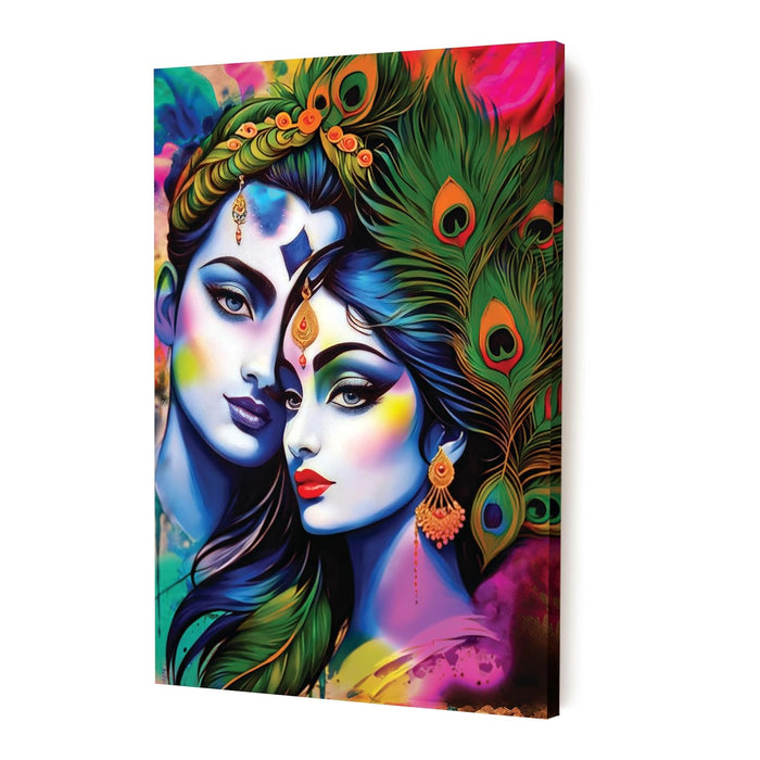 Stretched Canvas Divinity Love of Radha Krishna Rangoli Paintings For Home Decoration, (Size: 16x22 Inch)