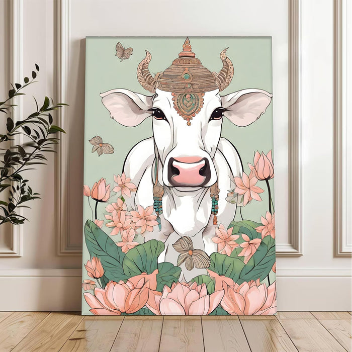 Portrait Stretched Canvas Lotus and Deity Cow Traditional Indian Wall Art Print D̩cor | Printed on Canvas Stretched on Wood, 41x56 cm