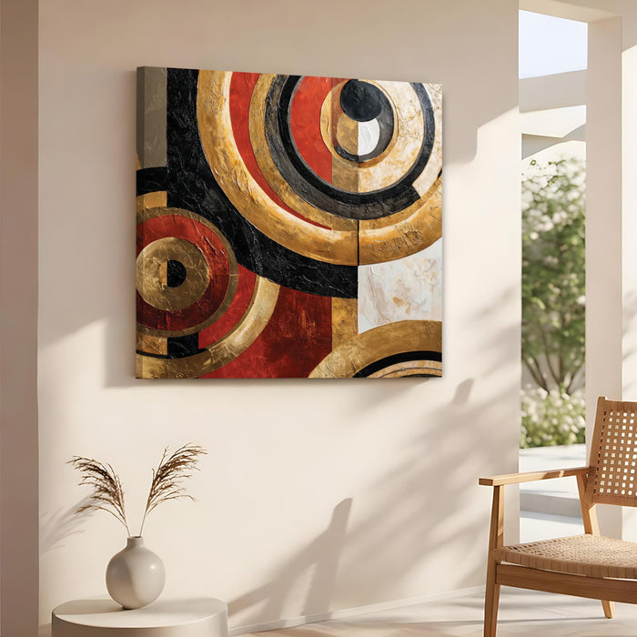 Gold & Red Abstract Geometric Stretched Canvas Wall Art Painting For Living Room, Textured Metallic Circles Painting, Modern Home Decor for Living Room, Office & Hallway (56xx56 cm)