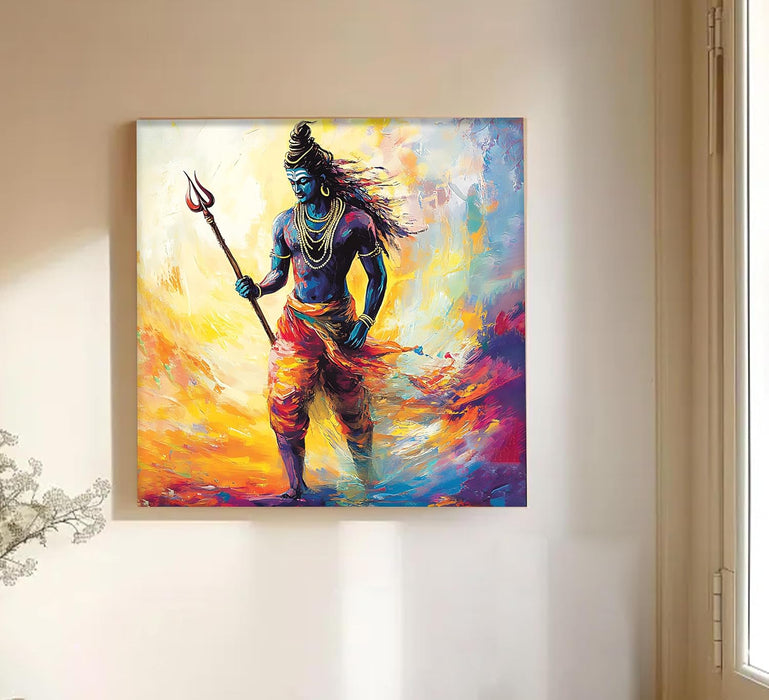 Abstact Art Walking Lord Shiva Wall Decor Print Multicolor | Canvas Painting Stretched on Wood | Suits For Mandeer (16x16 Inch)