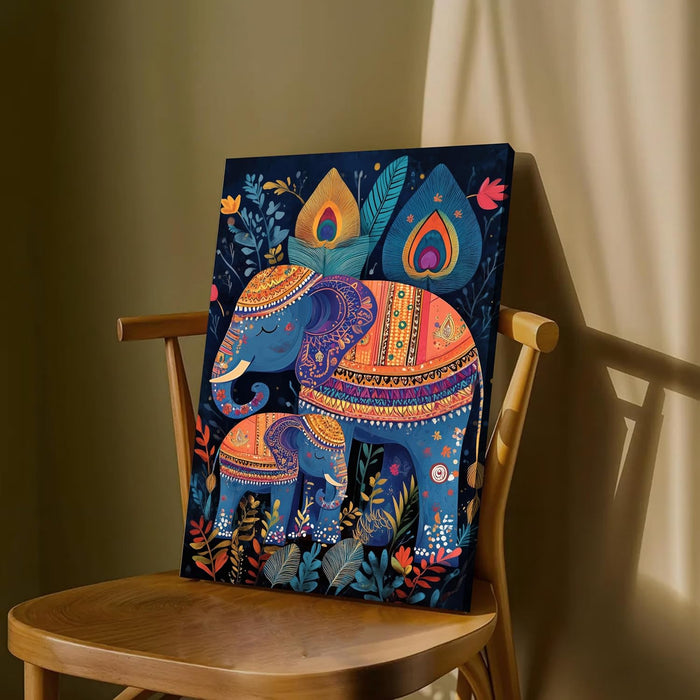 Gond Art of Elephants and Botanical in Multicolor | Digital Painting On Canvas Stretched on Wood (16x22 Inch)