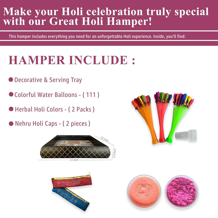 Art Street Holi Gift Hamper Combo Set, 111 Pcs of Balloons, Two Holi Caps, Handmade Decorative & Serving Tray Home Décor
