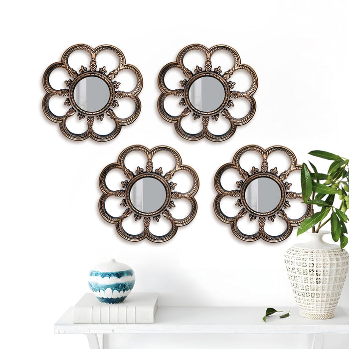 Beautiful Flower Shape Wall Mirrors Set of 4, Round Shape Bronze Decorative Wall Mirror (Bronze, Size -10 x 10 Inchs)