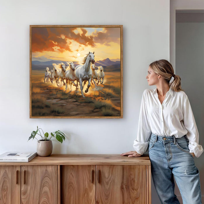 Vastu 7 Running Horses Framed Painting For Living Room | Feng Shui White Horse Large Canvas Painting With Frame Wall Art For Bedroom, Hallway's, Office, Hotel, Size 58x58 cm