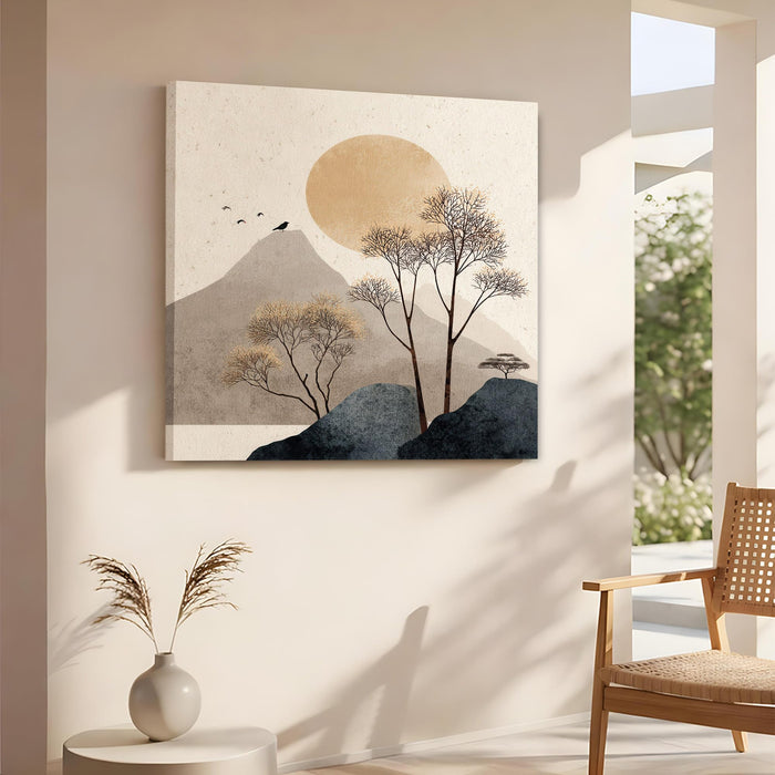 Japandi Minimalist Wall Art Painting for Living, Boho Minimalist Abstract Mountain Landscape with Golden Sun & Trees, Stretched Canvas Painting for Living Room, Bedroom & Office Decor (56xx56 cm)