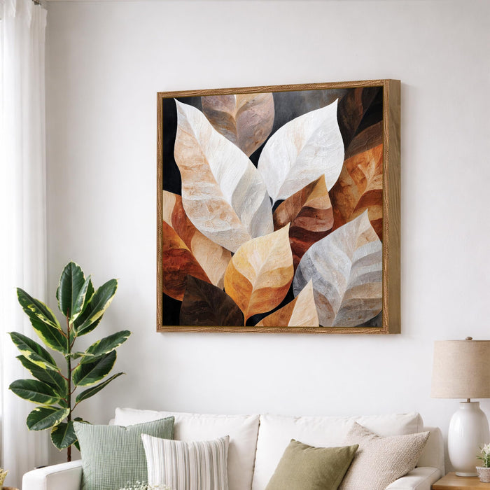 Abstract Autumn Leaf Framed Painting For Living Room | Rustic Botanical Leaf Large Canvas Painting With Frame Wall Art For Bedroom, Hallway's, Office, Hotel, Size 58x58 cm