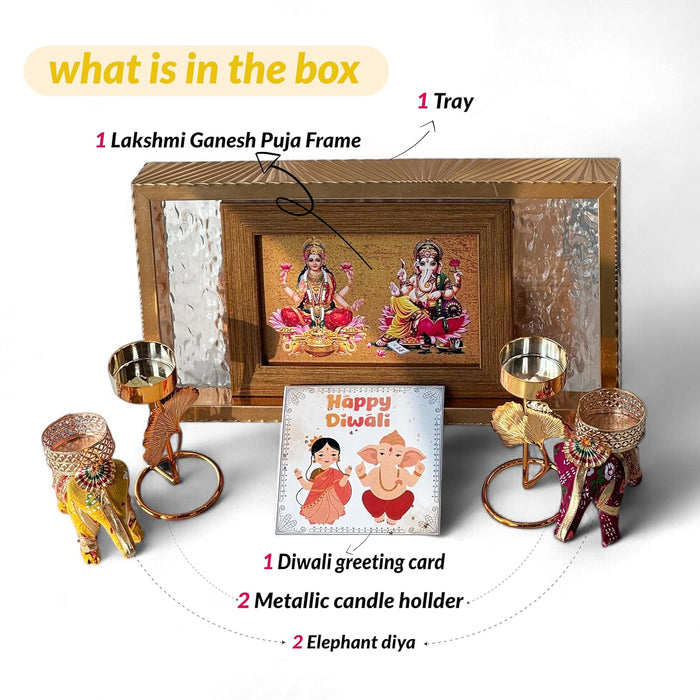 Diwali Gift Hamper Combo Set, Handmade Decorative Serving Tray, One Laxmi & Ganesh Table Photo Frame, Two Tealight with Elephant Diya & Greeting Card for Pooja Decor (Gold, 11x6 Inch Tray)