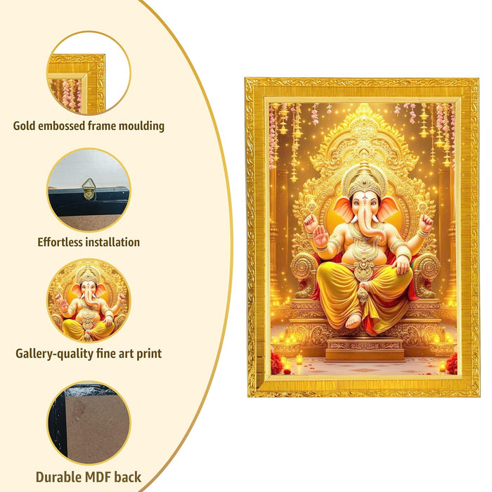 Lord Ganesha Ji Golden Photo Frame for Mandir, Pooja Room | Divine Hindu Deity Wall Art (10x13 Inch)