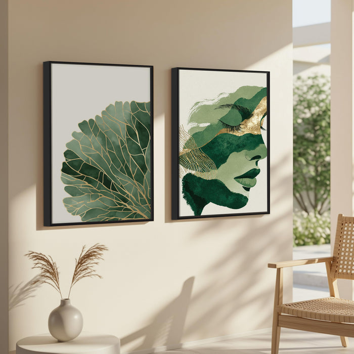 Abstract Face Green Leaf Canvas Portrait Large Wall Art Painting for Living Room Decoration, Stylish Large Wall Art Print for Wall Decor (Set of 2, 58x89 cm)