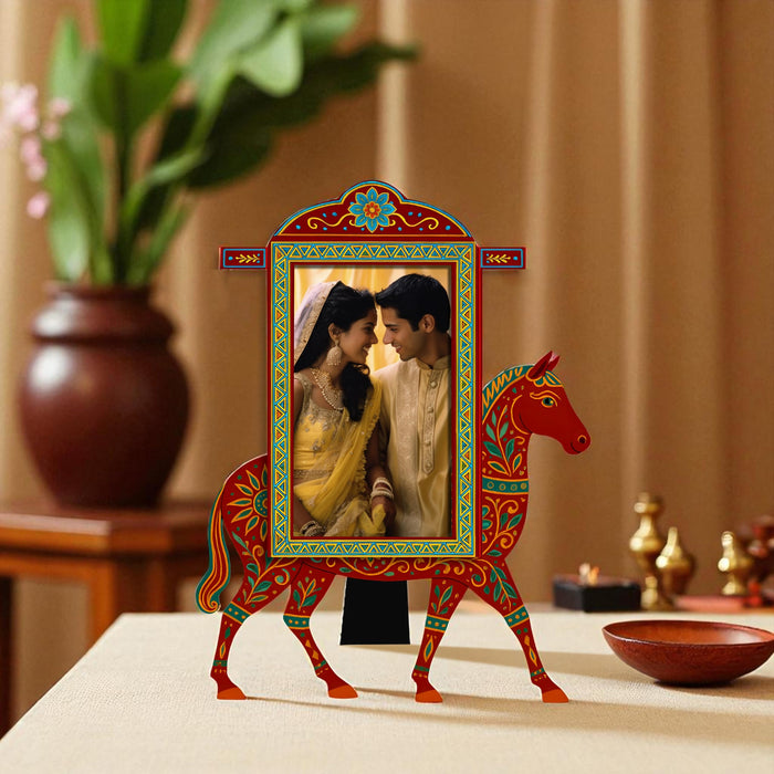 Horse Photo Frame Handcrafted Indian MDF Decorative Tabletop Frame Ethnic Rajasthani Handpainted Wooden Horse Photo Frames 18x23 cm