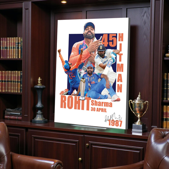 Rohit Sharma Stretch Canvas Painting Wall Art Poster, Hitman 45, Indian Cricket Team Fan Gift, Motivational Print for Bedroom, Living Room, Office & Home Decor, Rohit Sharma Canvas Poster 16 x 22 Inch