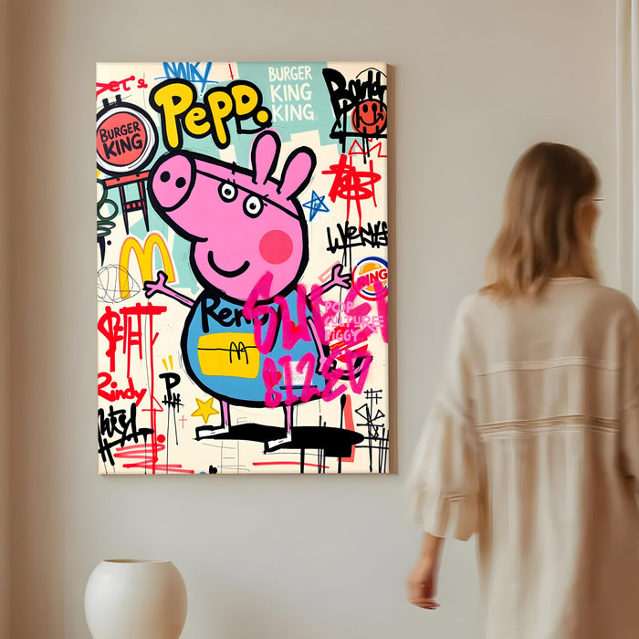 PAINTINGMANTRA Cartoon Pig Graffiti Stretched Canvas Painting Print | Pop Art Street Style Wall Décor | Modern Abstract Canvas Art for Home & Office, 56x86 cm