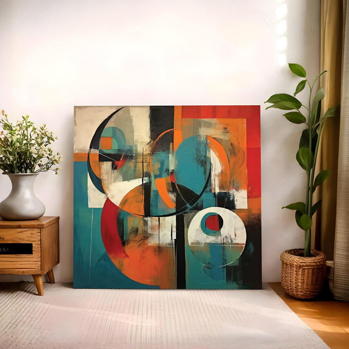 Modern Abstract Geometric Stretched Canvas Wall Art Painting for Living Room, Teal & Black Circles & Shapes Painting, Contemporary Decor for Living Room, Office & Home Decoration (56xx56 cm)