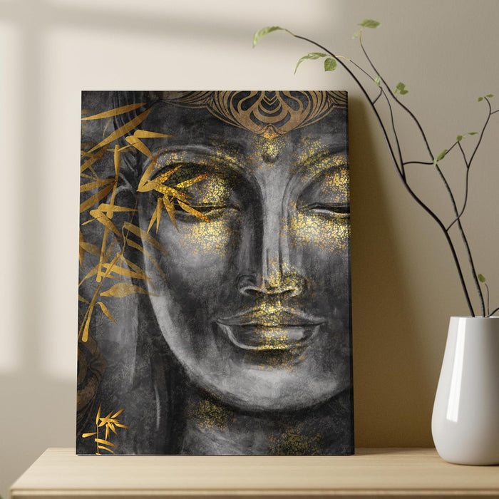 Art Street Stretched On Frame Canvas Painting Buddha Face Theme Grey Gold Art For Living Room, Decorative Home & Wall Décor Abstract Art (Size: 16x22 Inch)
