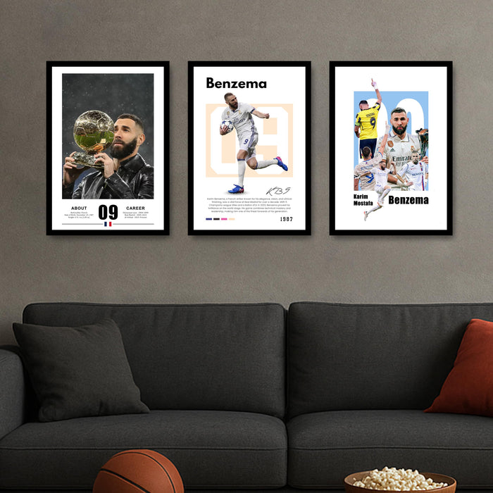 Karim Benzema Sports Painting With Frame for living room, Football Player Framed Wall Art Painting for Home Decor Set of 3, Size 13.6 by 17.9 Inch