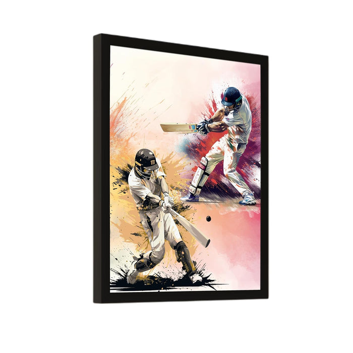 Framed Wall Hanging Art Print of Cricket Batsman Batting Sports Poster For Home Decor (12.7X17.5 Inch)