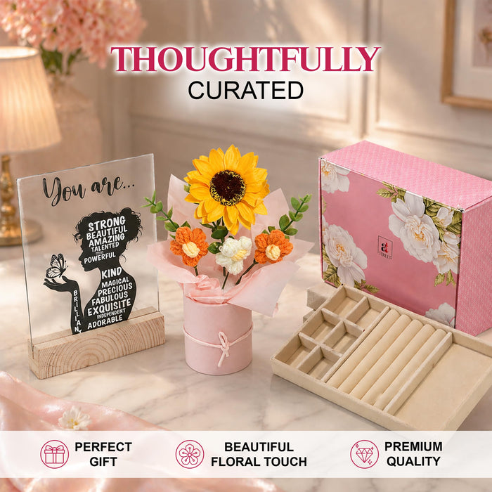 Art Street Rakshabandhan Gift Hamper for Sister with Elegant Crochet Flower Bouquet in Pink Pot, Acrylic Frame with Quote & Velvet Lined Jewelry Box