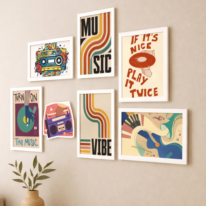 Music Wall Art Framed Set of 7 (1 MDF wall Hanging) | Retro Music Posters & Typography Prints | Modern Wall Decor Framed Painting for Living Room, Bedroom, Studio & Café, 9x13 Inch