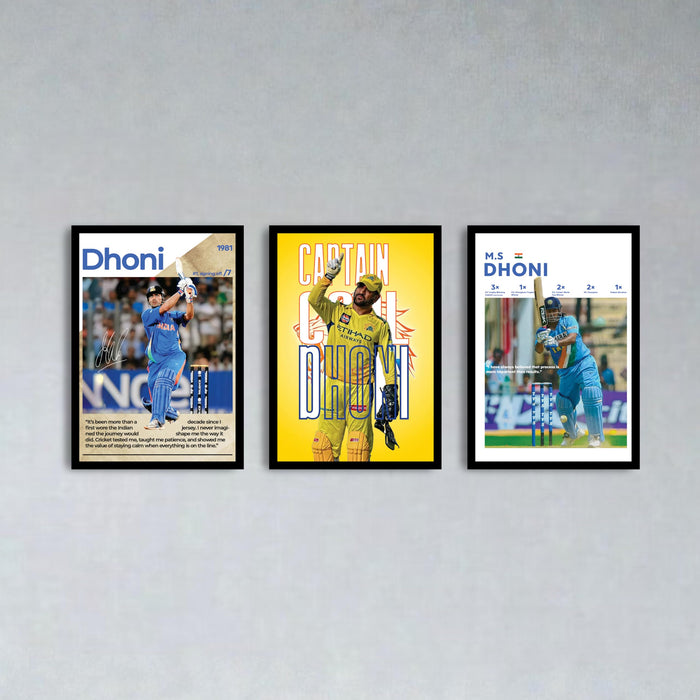 MS Dhoni Framed Wall Poster | Captain Cool Indian Cricket Legend | Premium Wall Art for Home, Office & Sports Room For Home Decor (13.9 Inch x 17.6 Inch, Set of 3
