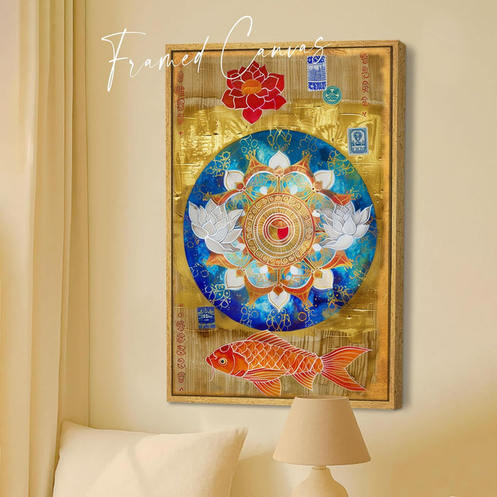 Abstract Mandala Art of Lotus and Koi Fish Multicolor Wall Art on Stretched Canvas – Frameless Unframed Gallery Wrap Canvas Wall Art 22x34 Inch