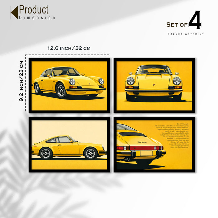 Porsche 911 Classic Framed Wall Art Painting Set of 4 | Retro Yellow Sports Car Illustration Prints for Living Room, Office & Studio Décor, 23x32 cm