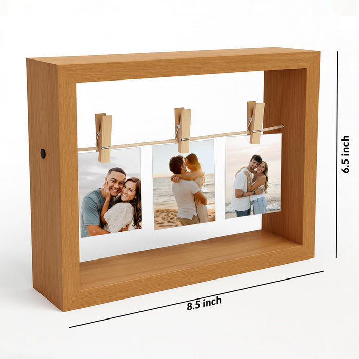 Art Street Open Box Modern Wooden Photo Frame Brown Wooden Picture Display Frame with Clips, Creative Hanging Photo Display for Desk and Shelf Decor, Picture Frames for Home Decor 17x22 cm