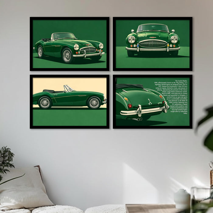 Austin-Healey 3000 Framed Wall Art Set Painting of 4 | Classic British Sports Car Illustration Prints for Living Room, Office & Studio Décor, 23x32 cm