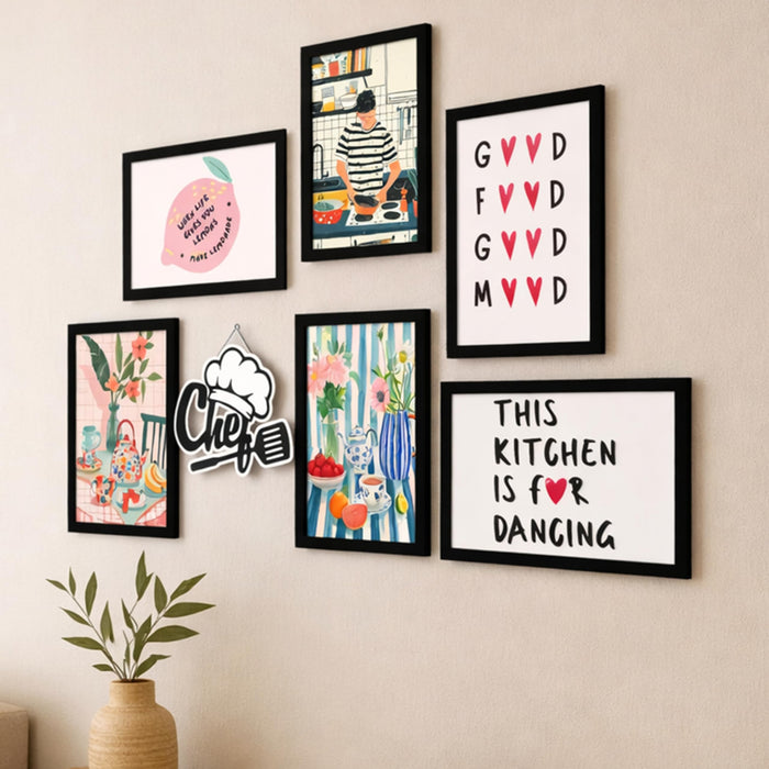 Kitchen Wall Art Framed Painting Modern Food & Quote Painting with Frame Painting for Kitchen, Bar Lounge, Dining & Cafe, Restaurant Set of 7 (1 MDF wall Hanging) 9x13 Inch