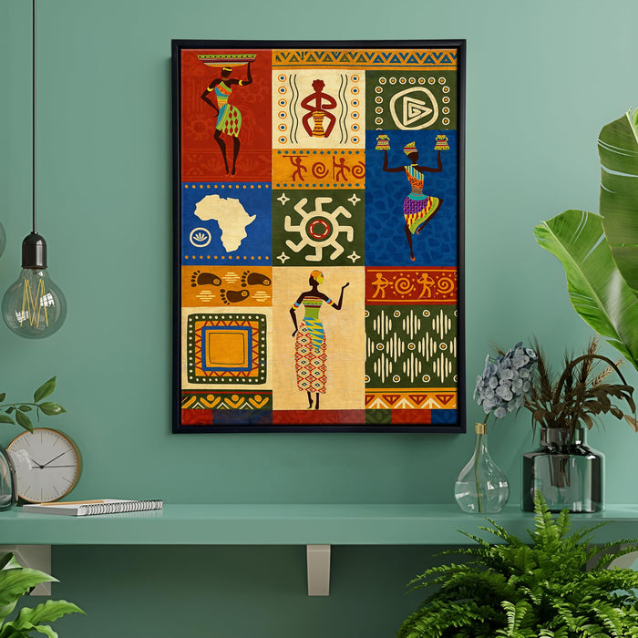 African Warli Art Framed Canvas Painting for Living Room Wall Deocr, African Cultural Motifs Framed Canvas Wall Art for Bedroom Home, Hallways Office Hotel, Size 43x58 cm