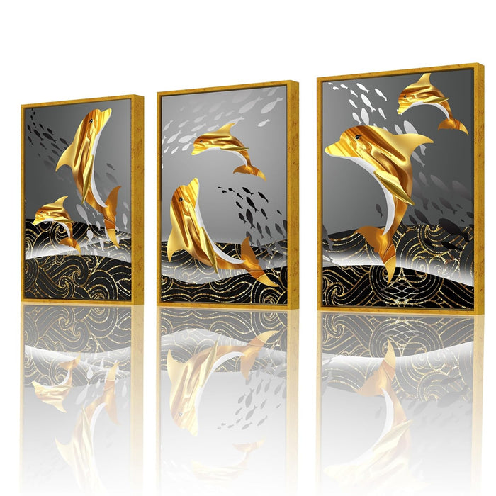 Art Street Sea Gold Dolphin Canvas Painting For Home Décor (17x23 Inch, Set Of 3)