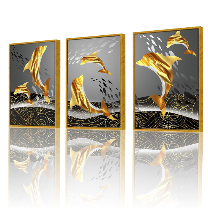 Nordic Abstract Golden Canvas Painting For Home Decor, Geometric Industrial Style Framed Art Prints (17x23 Inch, Set of 3)