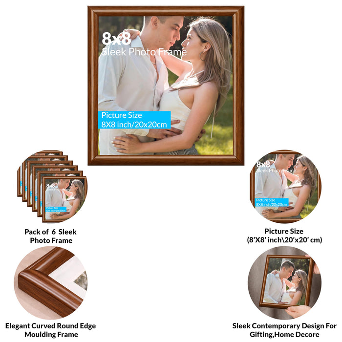 Art Street Picture Photo Frame Set of 6 for Bedroom, Tabletop Frames with Stand, Photo Frames for Couples, Weddings, Home Decor, Portrait or Landscape Display (Brown, 8x8 Inch)