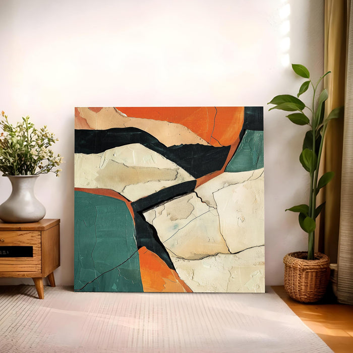 Abstract Modern Geometric Stretched Canvas Wall Art Painting for Living Room, Textured Earthy Poster, Minimalist Overlapping Shapes in Burnt Orange & Teal for Office Decor (56xx56 cm)