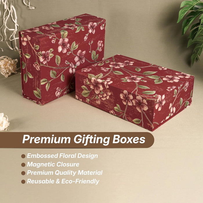 Foldable Cardboard Flowers Printed Hamper Gift Box Set of 2, Multipurpose Gift Hamper Box For Special Occasions, Wedding Gift Packaging (Red, 9x12 inch)