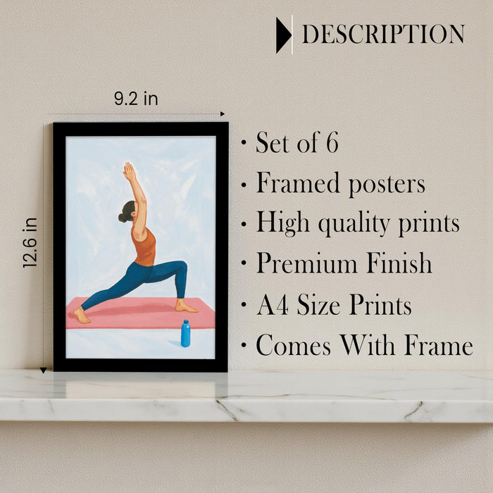 Set of 6 Yoga & Meditation Framed Posters – Inspirational Wall Art & Yoga Illustrations – Wellness, Mindfulness & Fitness Decor for Yoga Studio, Home Gym, Meditation Space, (24x32 cm)