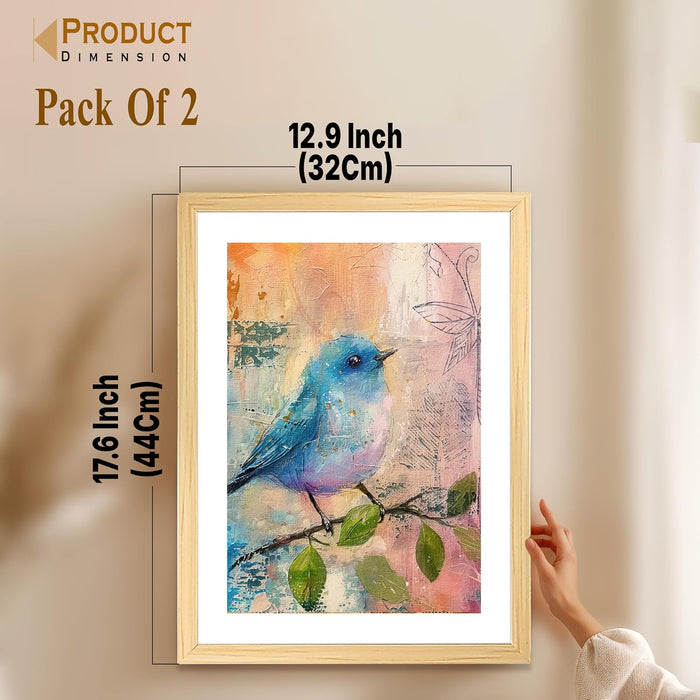 Modern Art Soft Pastel Bird Sitting on Branch Painting, Set of 2 (Blue, 13x18 Inch), Wall Paintings