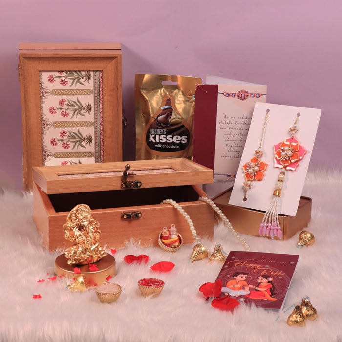 Rakshabandhan Chocolate Gift Hamper for Brother and Bhabhi, Vintage Jewellery Box 2 Rakhi with Chawal and Roli Gift Set for Celebrate Raksha Bandhan