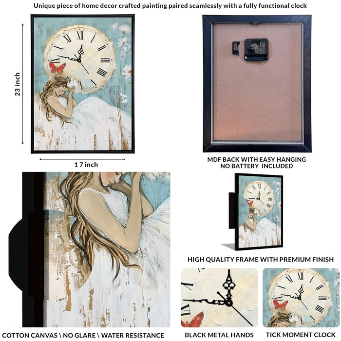 Portrait Abstract Dreamlike Girl Multicolor Framed Canvas wall art With Clock | Painting with clock, 43x58 cm