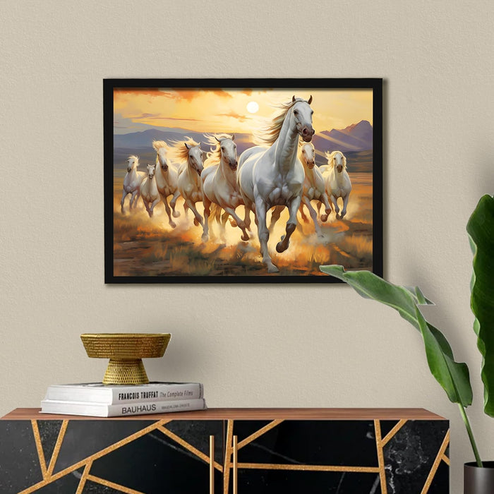 Abstract Wall Art Eight Running Horses Vastu Feng Shui Multicolor | Digital Painting Framed with Engineered Wood Frame (17x23 Inch)
