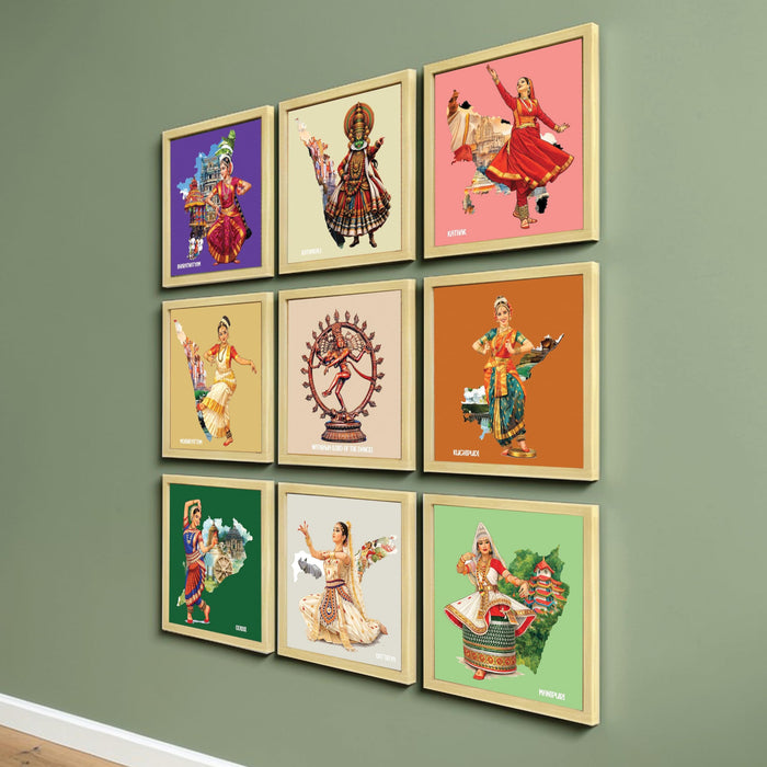Indian Classical Dance forms Wall Art Paintings with Frame For Living Room | Traditional Indian Dance Culture Framed Wall Art Paintings for Home, Set of 9, (9x9 Inch)