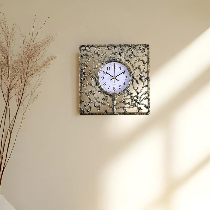 Bronze Vintage Tree Wall Clock Square Antique Design, Nature-Inspired Tree Motif Frame, Rust-Free, Lightweight Durable Plastic, Wall & Shelf Mountable  24x24 cm