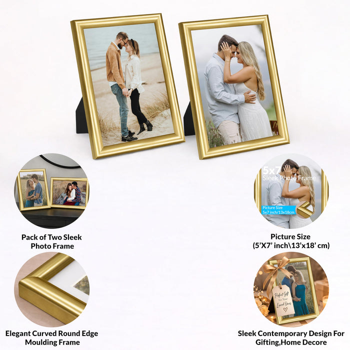 Art Street Picture Table Photo Frame Set of 2 for Bedroom, Tabletop Frames with Stand, Modern Farmhouse Photo Frames for Couples, Weddings, Home Decor, Portrait or Landscape Display (Golden,5x7 Inch)