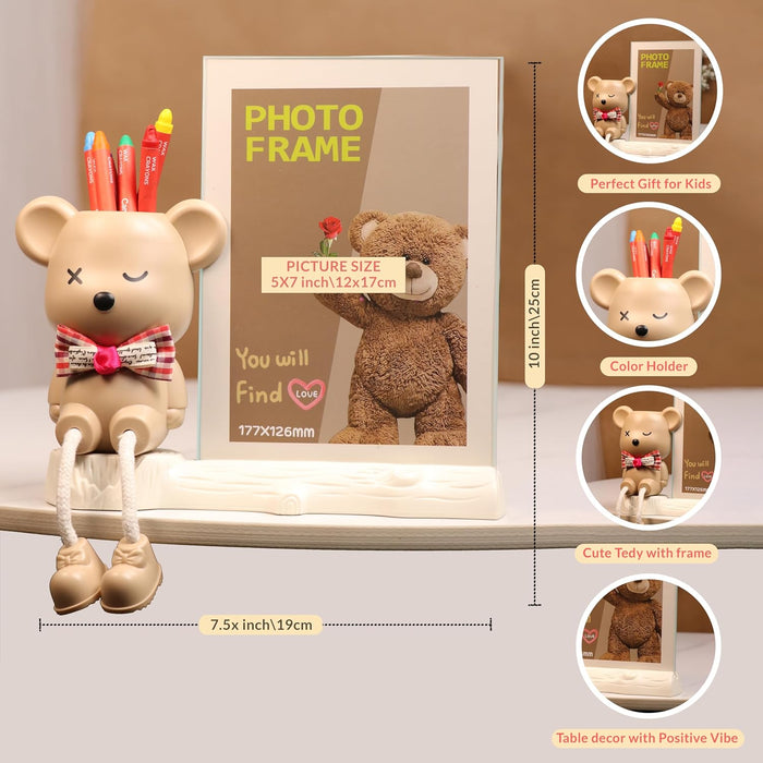 Kid's Photo Frame Creative Cute Teddy Bear with Pen Holder Stand and High Definition Glass for Table Stand Table Top Picture Frames Suits For Kid's Room, Table 12x17 cm