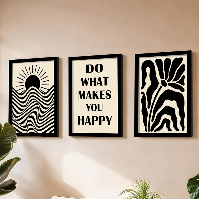 PAINTINGMANTRA Motivational Boho A3 Framed Posters for Living Room with Frame, Do What Makes You Happy Bohemian Quotes Wall Poster for Home Decor Bedroom Hallways Office Hotel Set of 3, Size 33x45 cm