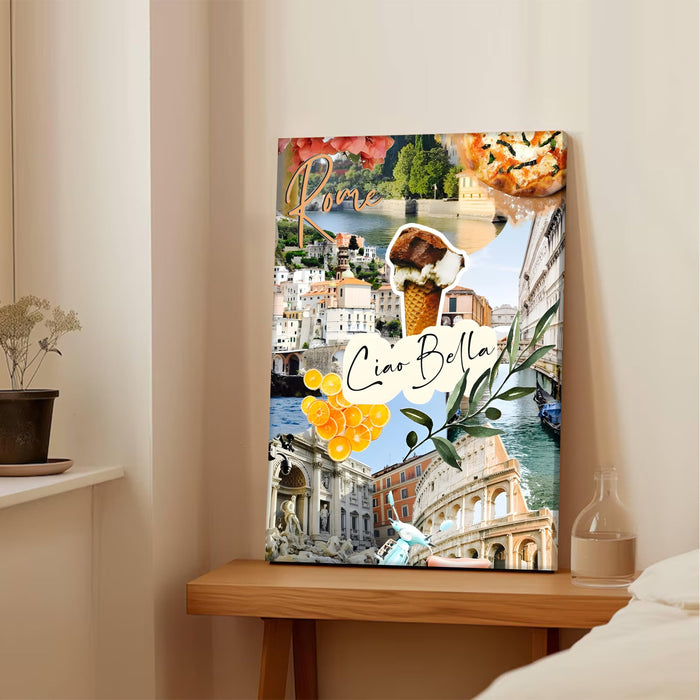 Rome Landmarks Collage Mixed Media Canvas Wall Painting | Travel pop art Canvas Wall Painting For Home and Office Wall Décor (41x56 cm)