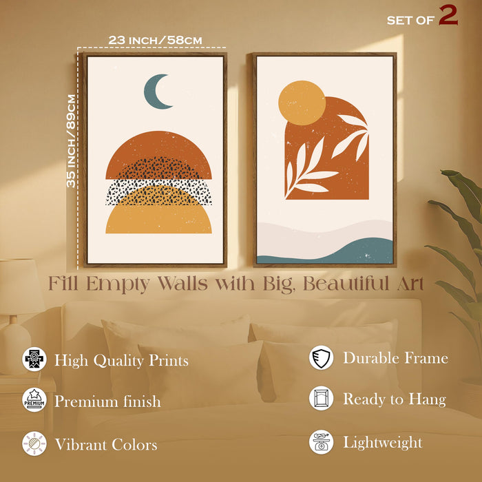 Boho Moon and Sun Minimalist Canvas Wall Painting Bohemian Large Wall Art Painting for Living Room Decoration, Stylish Large Wall Art Print for Wall Decor (Set of 2, 58x89 cm)