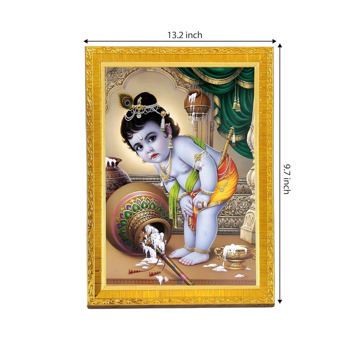 Lord Little Krishna with Makhan Photo Frame for Mandir, Pooja Room | Divine Hindu Deity Wall Art (10x13 Inch)