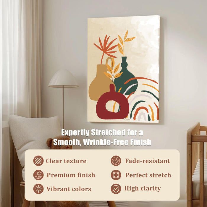Abstract Vase and Plats Stretched Canvas Wall Art Modern Boho Illustration Painting for Home & Office Wall Decor, (16x22 Inch)