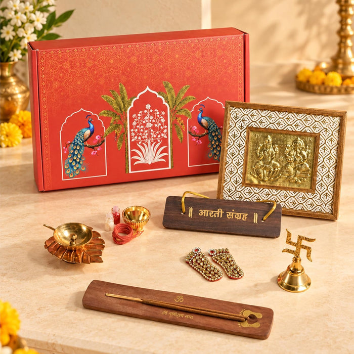 Pooja Hamper Box with Laxmi Ganesh Frame, Laxmi Charan, Aarti Sangrah, Ghanti, Agarbatti and Candle for Diwali Celebration and Gift for Family, Friends and Relatives (Pack of 7)